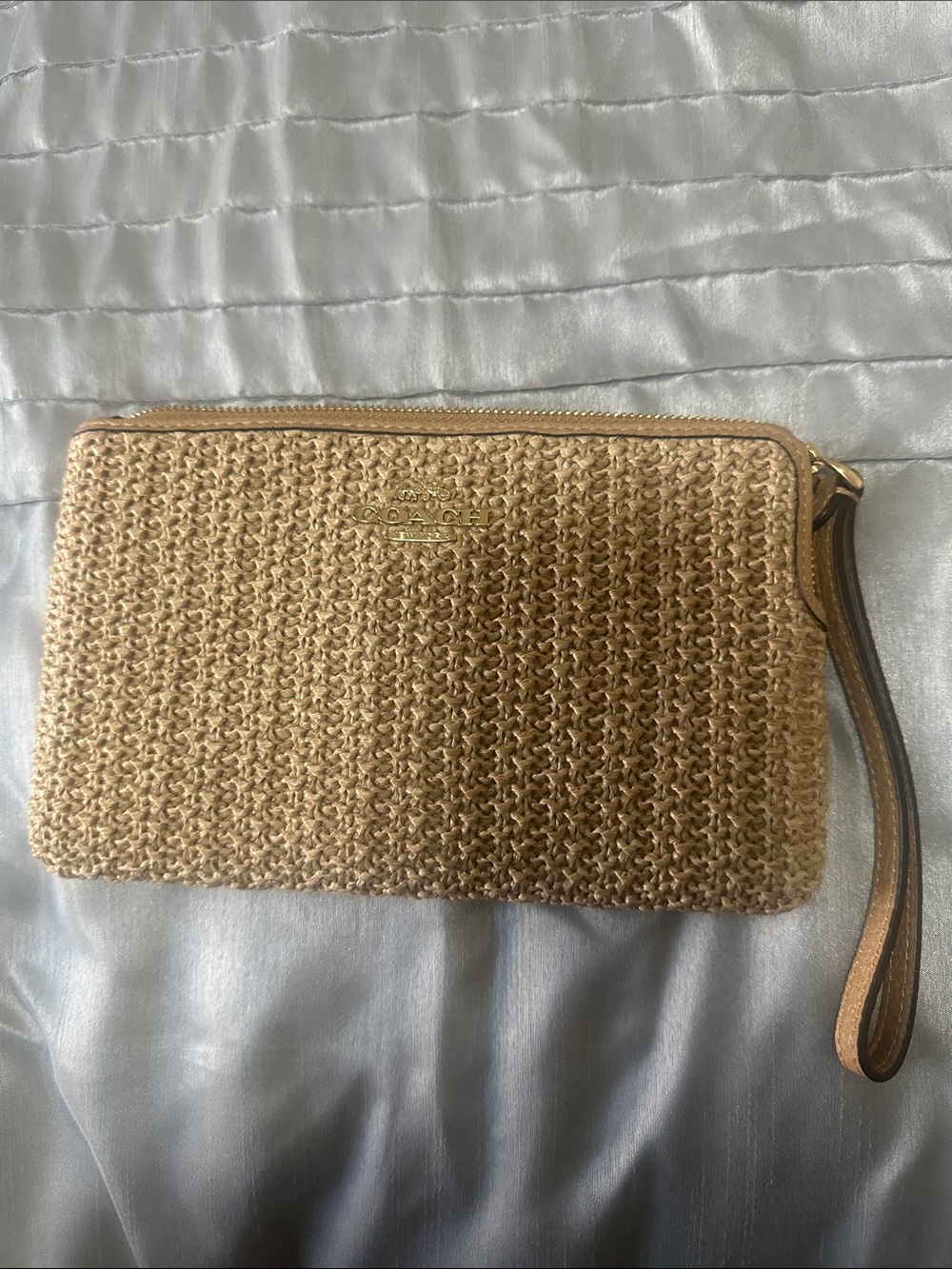 Coach Tan Woven Straw Wristlet with Leather Trim